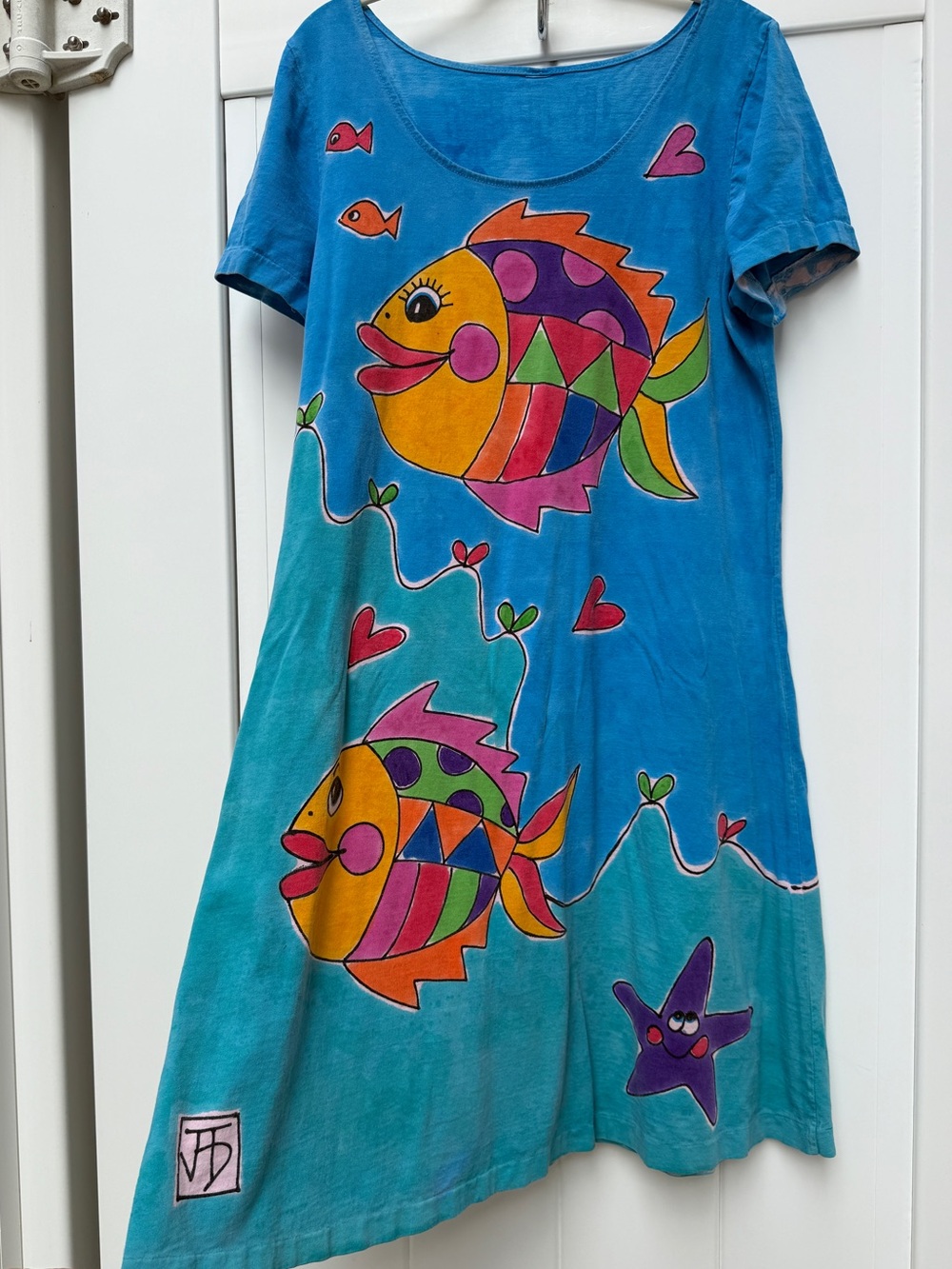 Hand Painted Batik T-Shirt Dress Tropical Fish Starfish Artist Signed Wearable A